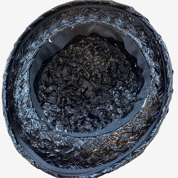 Roller Raffia Hat Black With White Stripe Ribbon Band 1960s MidMod - Picture 7 of 9